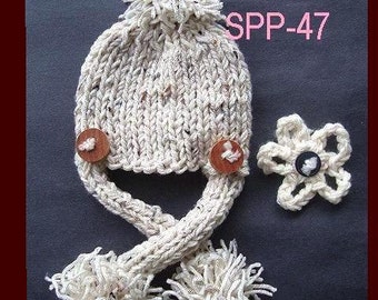 Instant Download PDF Hat Knitting Pattern - SPP-47 Oatmeal Unisex PomPom hat with ties Baby to adult