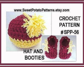 Instant Download PDF Crochet Pattern Baby Hat and Booties SPP56 Cute Pom-Pom Hat and Booties set, newborn to 12 months,  Hat  to 8 yrs.