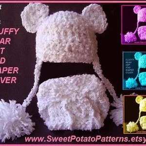 Baby Crochet Pattern - Fluffy Baby Bear Hat and Diaper Cover  Instant Download PDF  SPP-36  4 sizes, preemie to 1 year.