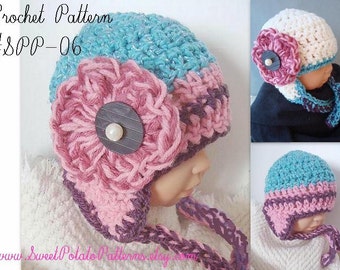 Instant Download PDF CROCHET Pattern Earflap Hat with Flower  SPP-06. sizes newborn to age 5