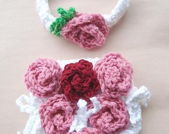 Instant Download PDF Crochet Pattern - Baby Rose Covered Tushie Diaper Cover and Headband  SPP-23  make sizes newborn to 12 months.