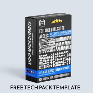 May include: A black box with the text "EDITABLE FULL STORE ACCESS" and "MONO MOCK CLIPARTS". The box has a blue stripe at the bottom with the text "LIFE TIME ACCESS". The box also has a graphic of clothing items. The words "FREE TECH PACK TEMPLATE" are at the bottom.