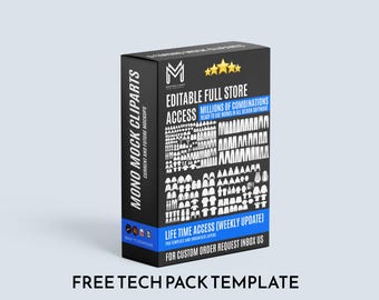 May include: A black box with the text "EDITABLE FULL STORE ACCESS" and "MONO MOCK CLIPARTS". The box has a blue stripe at the bottom with the text "LIFE TIME ACCESS". The box also has a graphic of clothing items. The words "FREE TECH PACK TEMPLATE" are at the bottom.