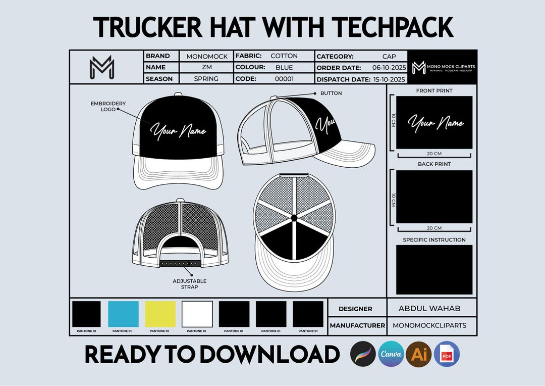 Trucker Hat Tech Pack Template | Editable Trucker Hat Mockup for ...