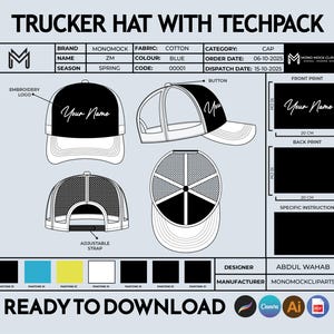 May include: Technical drawing of a trucker hat with a black front panel and white brim, featuring the text "Your Name". The design includes views of the front, side, back, and top of the cap, with an adjustable strap.