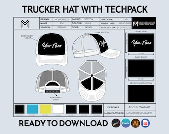 Trucker Hat Tech Pack Template | Editable Trucker Hat Mockup for Manufacturers | AI, PSD, Procreate Cap | Trucker Cap Fashion Template
