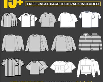Ponad 15 koszulek streetwearowych, makiet wektorowych, szablonów i darmowego pakietu technologicznego, pakiet wektorów ubrań, szablony Procreate, modowa koszulka wektorowa, makiet