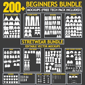 May include: A graphic showcasing a streetwear bundle with editable vector mockups. The image features a variety of clothing items, including hoodies, t-shirts, flared trousers, jackets, bags, gym wear, sports apparel, caps, socks, gloves, pockets, zipper hooks, collars, hood caps, cords, drawstrings, and cuffs.