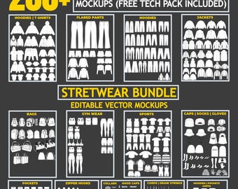 200+ Streetwear Activewear Mockups  Vector Templates & Free Tech Pack  clothing Vector Pack, Procreate Templates  Fashion Vector Hoodie Mock