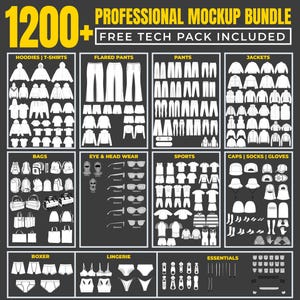 May include: A professional mockup bundle graphic with the text "1200+" and "Professional Mockup Bundle". The image displays various clothing items, including hoodies, t-shirts, pants, jackets, bags, and accessories.