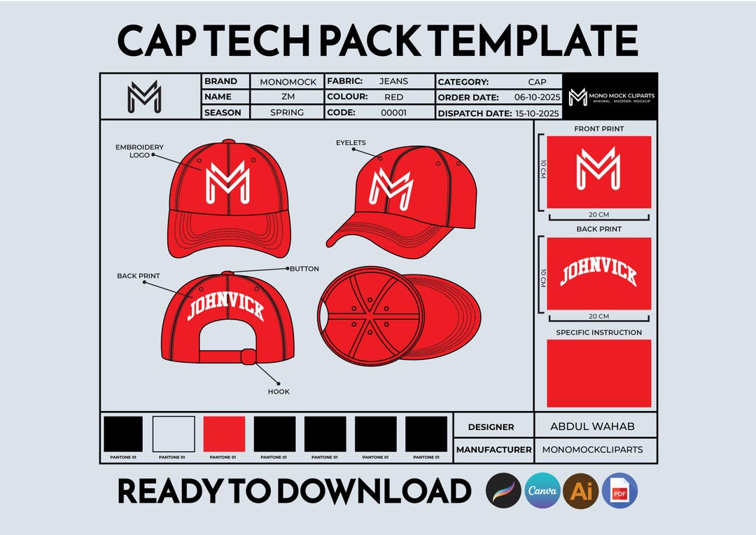 Cap Tech Pack Template | Editable Hat Tech Pack for Manufacturers | AI ...