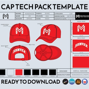 May include: CapTech pack template with red baseball cap designs. Includes front, back, and side views, with the text "JOHNVICK" and "M" logos. The design also includes color swatches and the text "READY TO DOWNLOAD".
