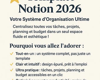 Template Notion Organisation 2026 – Tâches, Planning, Budget, Objectifs | Système complet