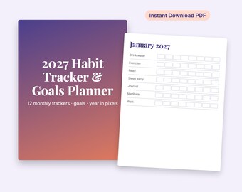 2027 Habit Tracker Printable, New Year Goals Planner PDF, Monthly Habit Tracker, Year in Pixels, Goal Setting Worksheet, US Letter