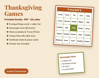 Thanksgiving Games Printable, Thanksgiving Bingo, Trivia, Scavenger Hunt, Word Scramble, Family Party Activities for Kids and Adults PDF