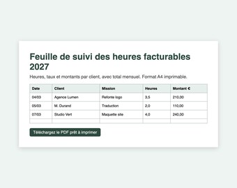 Timesheet printable 2027 freelance, feuille heures facturables PDF A4, suivi clients et CA