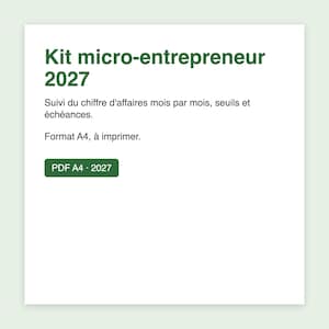 Può includere: Un documento digitale bianco intitolato Kit micro-entrepreneur 2027 con testo verde scuro. Include il monitoraggio dei ricavi mensili, le soglie e le scadenze in formato A4, con un pulsante verde etichettato PDF A4 2027.