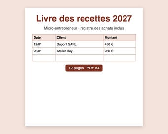 Libro de recetas para autónomos de 2027 para imprimir, registro de compra en PDF