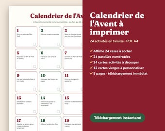 Calendrier de l'Avent à imprimer PDF, 24 activités Noël enfants famille