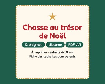 Búsqueda del tesoro navideña imprimible en PDF, 12 adivinanzas para niños, búsqueda del tesoro casera.