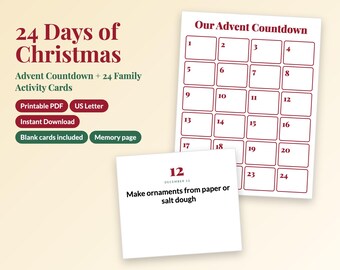 Printable Advent Calendar Christmas Countdown, 24 Family Activity Cards, December Advent Activities for Kids, Instant Download PDF