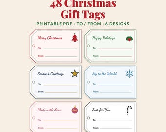 Etiquetas de regalo navideñas imprimibles, 48 ​​etiquetas navideñas en PDF, etiquetas para regalos de Navidad, descarga instantánea, ahorra tinta en blanco y negro.