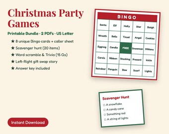 Christmas Party Games Printable Bundle, Christmas Bingo, Scavenger Hunt, Trivia, Word Scramble, Left Right Game, Family Office Class