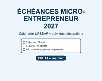 URSSAF 2027: Terminkalender zum Ausdrucken, PDF A4 für Kleinstunternehmer