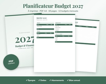 Planificateur budget 2027 à imprimer PDF, 12 budgets mensuels, suivi épargne, dettes, abonnements A4