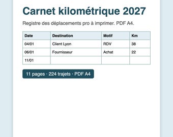 Kilometerbuch 2027 zum Ausdrucken, Fahrtenbuch für Geschäftsreisen, Kilometerabrechnungen (PDF, A4)