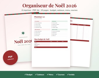 Organiseur de Noël 2026 à imprimer PDF, planning J-30, budget, liste cadeaux, menu, courses, invités A4