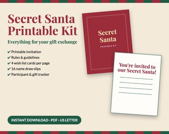 Secret Santa Printable Kit, Gift Exchange Invitation, Wish List Cards, Name Draw Slips, Office Christmas Party, Family Christmas PDF