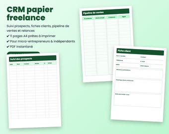 CRM papier freelance à imprimer : suivi prospects, fiches clients, pipeline de ventes PDF A4, micro-entrepreneur