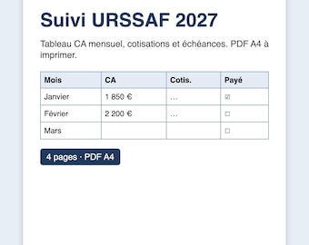 URSSAF 2027 Beitragsverfolgungs-Tabelle (druckbar, A4 PDF)