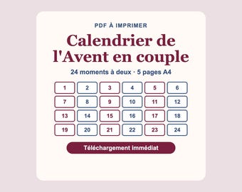 Calendario de Adviento imprimible para parejas (PDF), 24 ideas para momentos juntos, tarjetas y pegatinas.