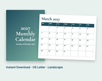 2027 Monthly Calendar Printable, Wall Calendar PDF, Year at a Glance, Sunday & Monday Start, Landscape US Letter, Instant Download
