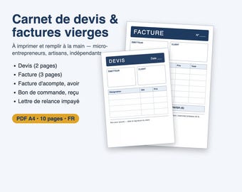 Modèle devis facture vierge à imprimer PDF A4, carnet micro-entrepreneur, acompte, avoir, bon de commande, relance