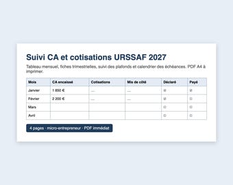 Suivi cotisations URSSAF 2027 à imprimer, tableau CA mensuel et trimestriel micro-entrepreneur, plafonds, PDF A4
