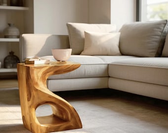 Modern Sculptural Side Table, Solid Wood End Table, Organic Curved Accent Table, Contemporary Sofa Side Table, Minimalist Room Furniture