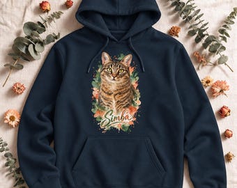 Men's personalized pet photo hoodie — dog or cat portrait with name