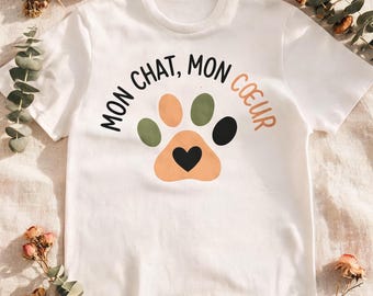 T-shirt Chat « Mon Chat Mon Cœur » — Cadeau Amoureux des Chats, Patte de Chat, Coton Bio Unisexe, Cadeau Maîtresse de Chat, Cadeau Femme