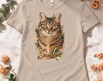 Personalized women's t-shirt with pet photo — dog or cat portrait with name