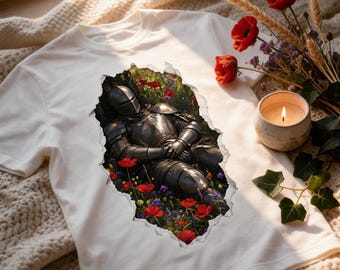 T-shirt Chevalier Fleurs Sauvages — Médiéval Fantasy, Dark Cottagecore Fairycore, Coton Bio Unisexe, Cadeau JDR Cosplay, Coquelicots