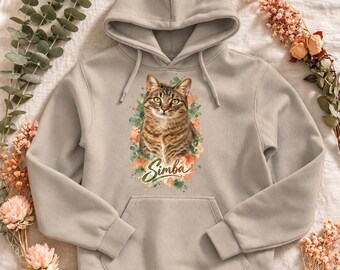Women's personalized pet photo hoodie — dog or cat portrait with name