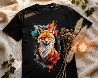 T-shirt Renard Aquarelle — Animal Sauvage Coloré, Coton Bio Unisexe, Cadeau Amoureux de la Nature, Art Animalier, Imprimé en France