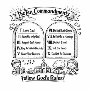 May include: Black and white illustration of the Ten Commandments. The text includes the commandments, a banner that says "The Ten Commandments", and the phrase "Follow God's Rules!" The image also includes illustrations of a dove, children, a church, and musical notes.