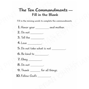 Hoja de trabajo para completar los espacios en blanco de los Diez Mandamientos: K-2.º grado