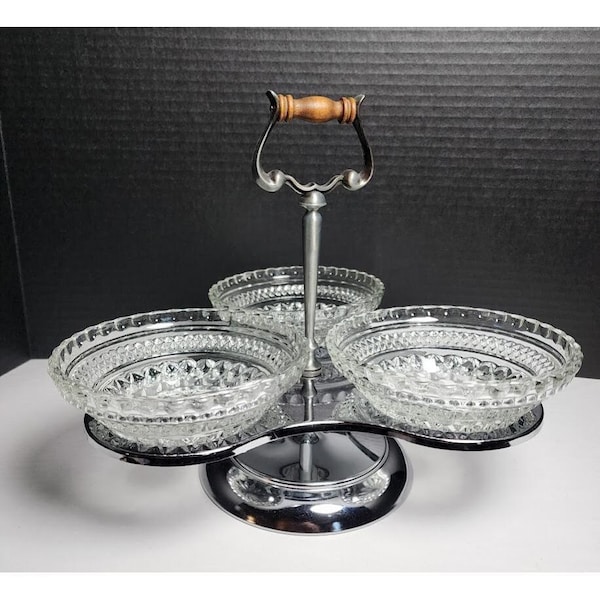 Contenedor para condimentos vintage MCM Kromex cromado con 3 cuencos Anchor Hocking Wexford