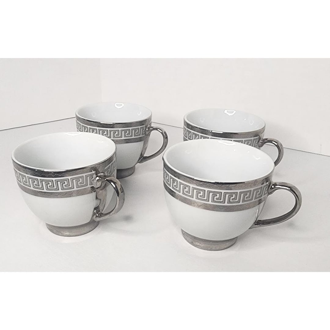 Greek Key Silver Trim Tea Cups White With Silver Trim Set of 4 Tea Cups ...
