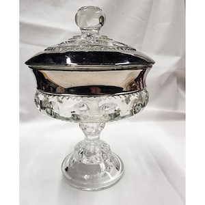 Vtg Kings Crown Glass Thumb Print Indiana Glass Candy Dish Silver Rim Compote